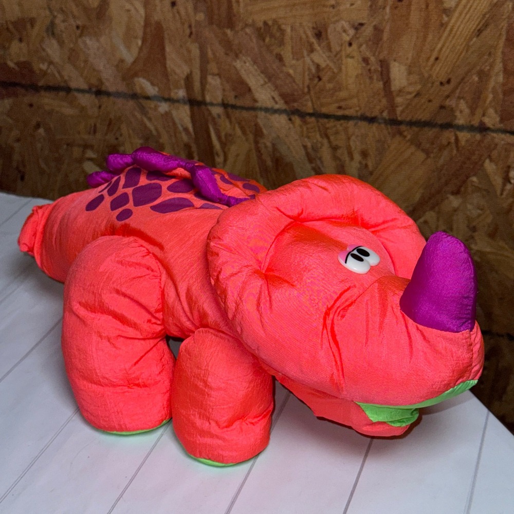 VTG Fisher Price 1992 Puffalump Dinosaur Orange Triceratops Squeaker Sounds Toy